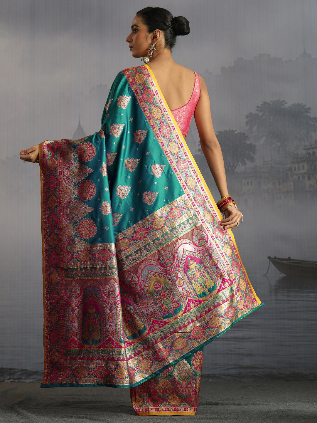  Libas Sea Green Floral Woven Design Satin Saree 