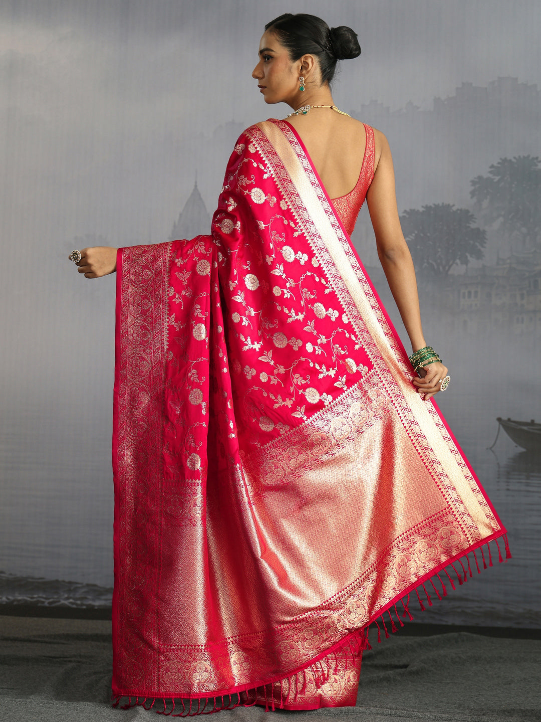  Libas Red Banarasi Satin Tassel Saree 