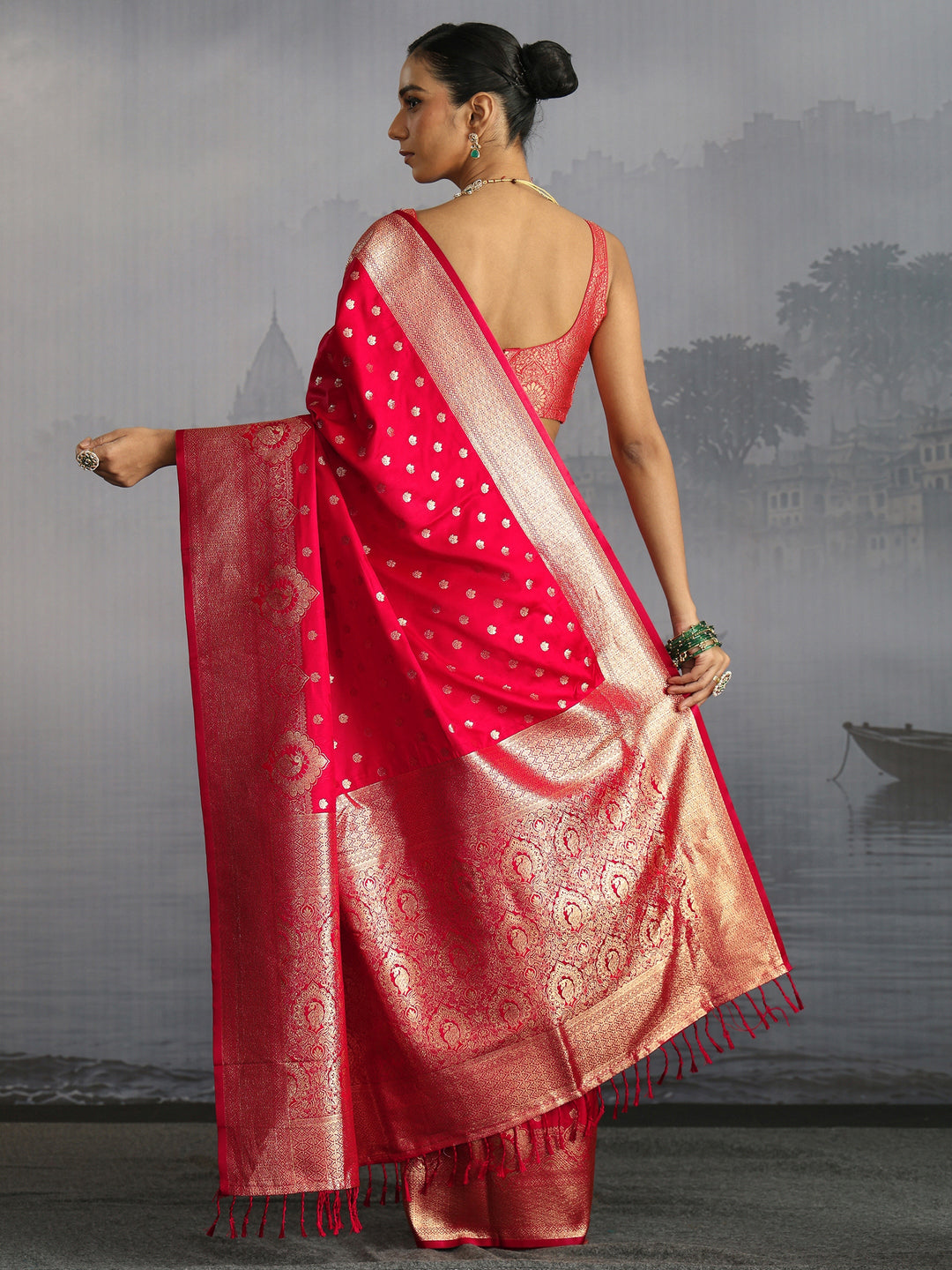 Libas Red Banarasi Satin Tassel Saree 