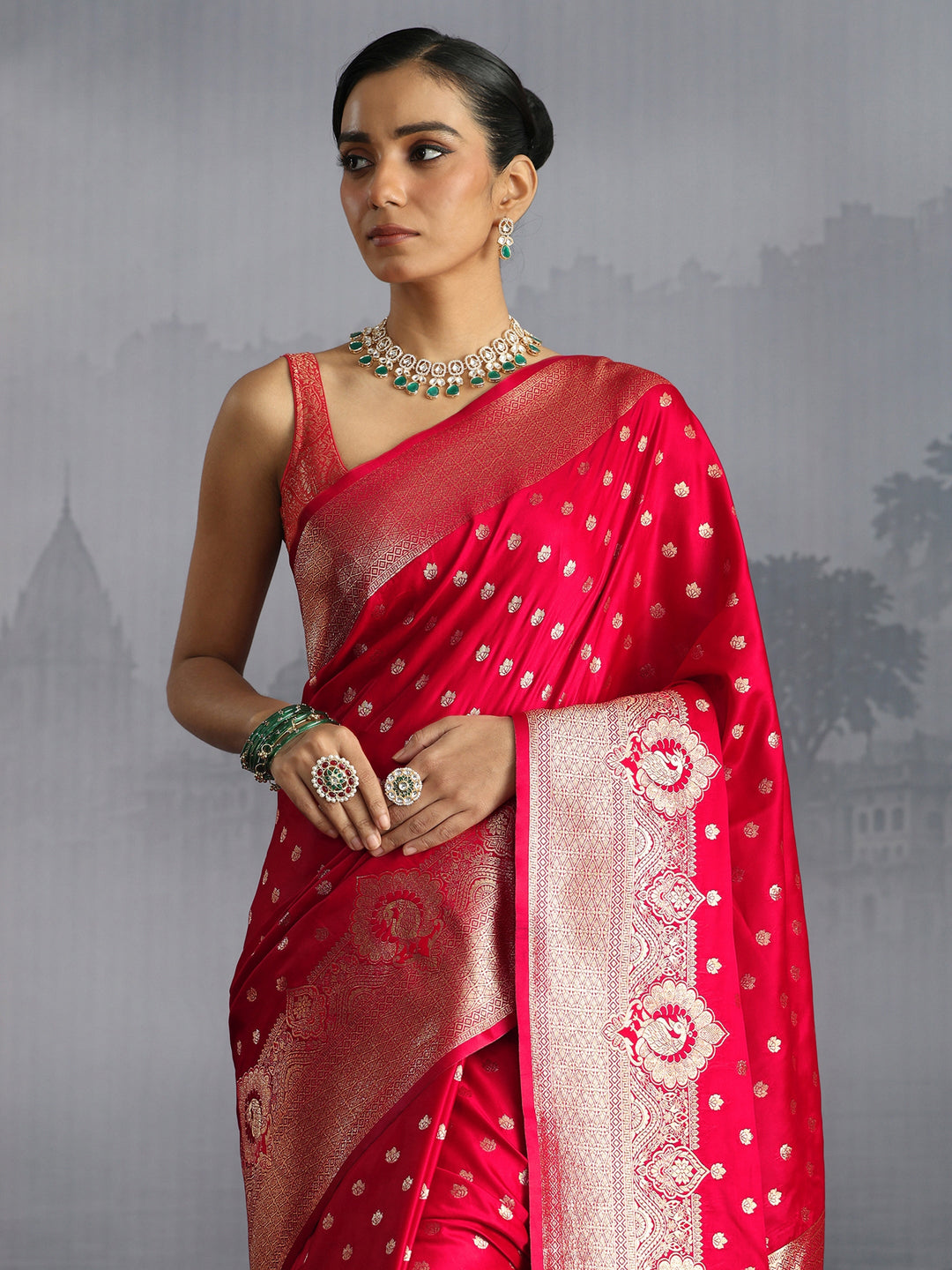  Libas Red Banarasi Satin Tassel Saree 