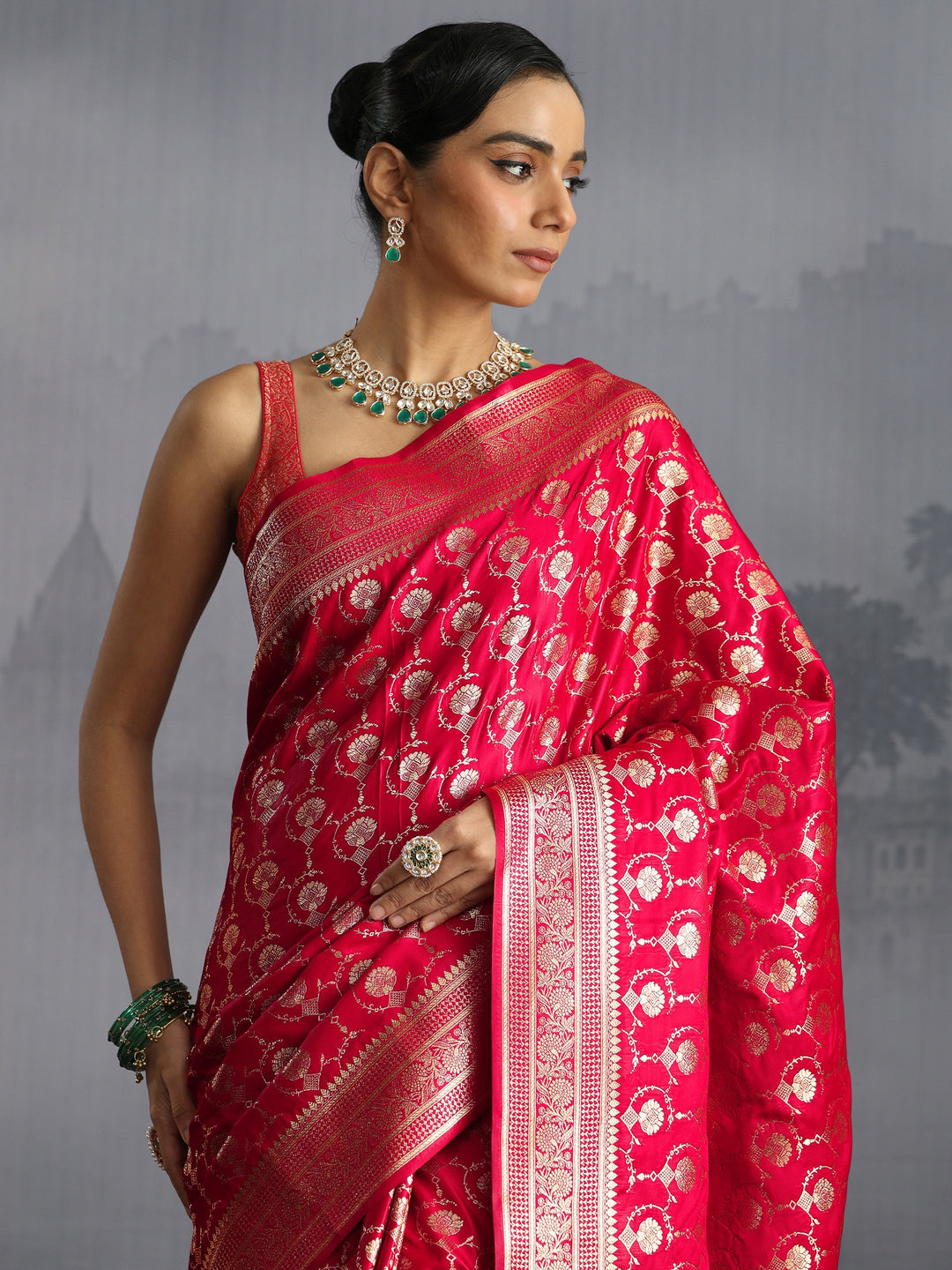  Libas Red Banarasi Satin Tassel Saree 