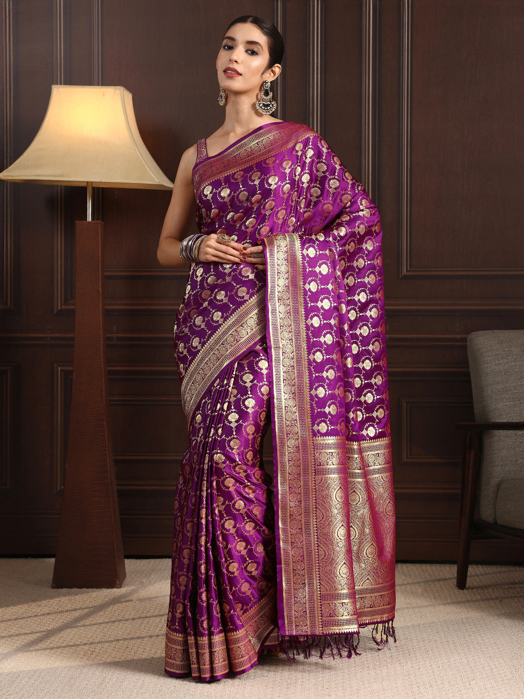  Libas Royal Purple Ethnic Woven Design Satin Tassel Saree 