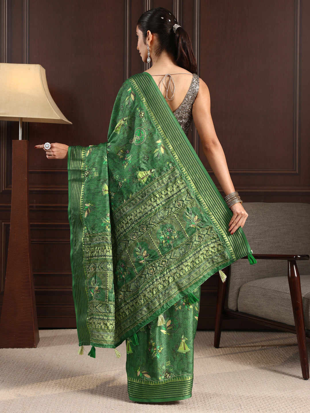  Libas Green Mughal Print Silk Blend Tassel Saree 