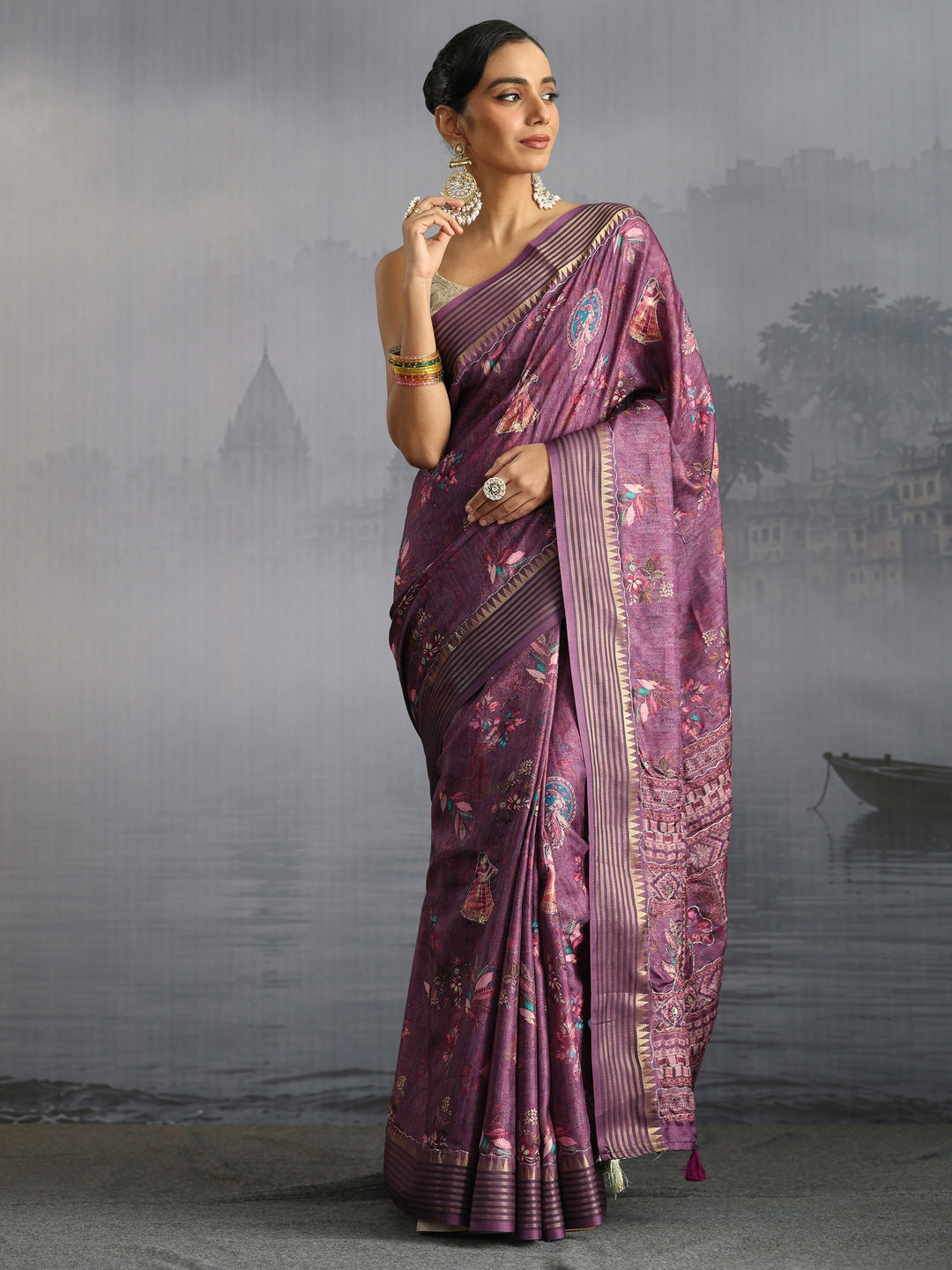  Libas Purple Embroidered Motifs Printed Silk Blend Tassel Saree 
