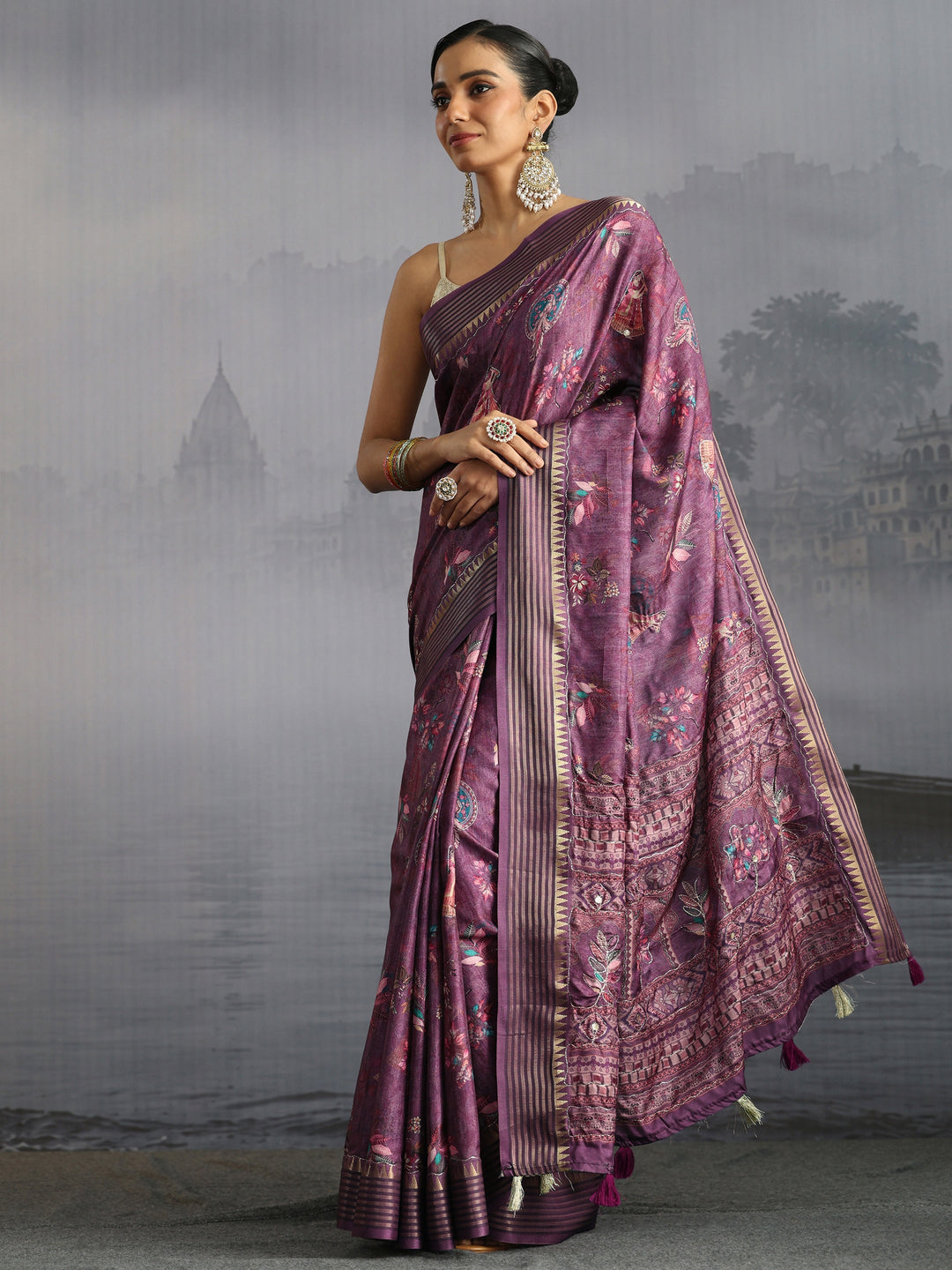  Libas Purple Embroidered Motifs Printed Silk Blend Tassel Saree 