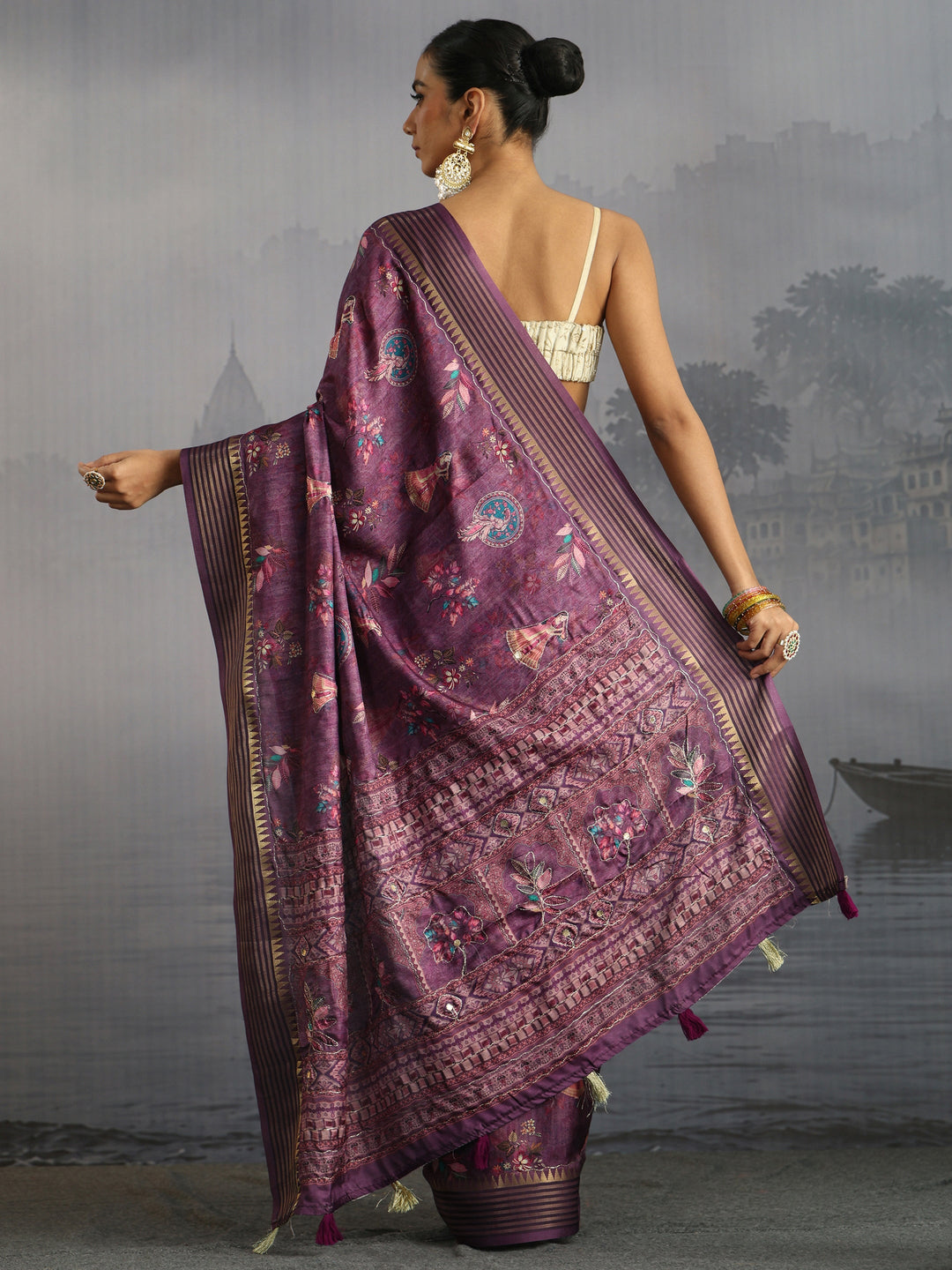  Libas Purple Embroidered Motifs Printed Silk Blend Tassel Saree 