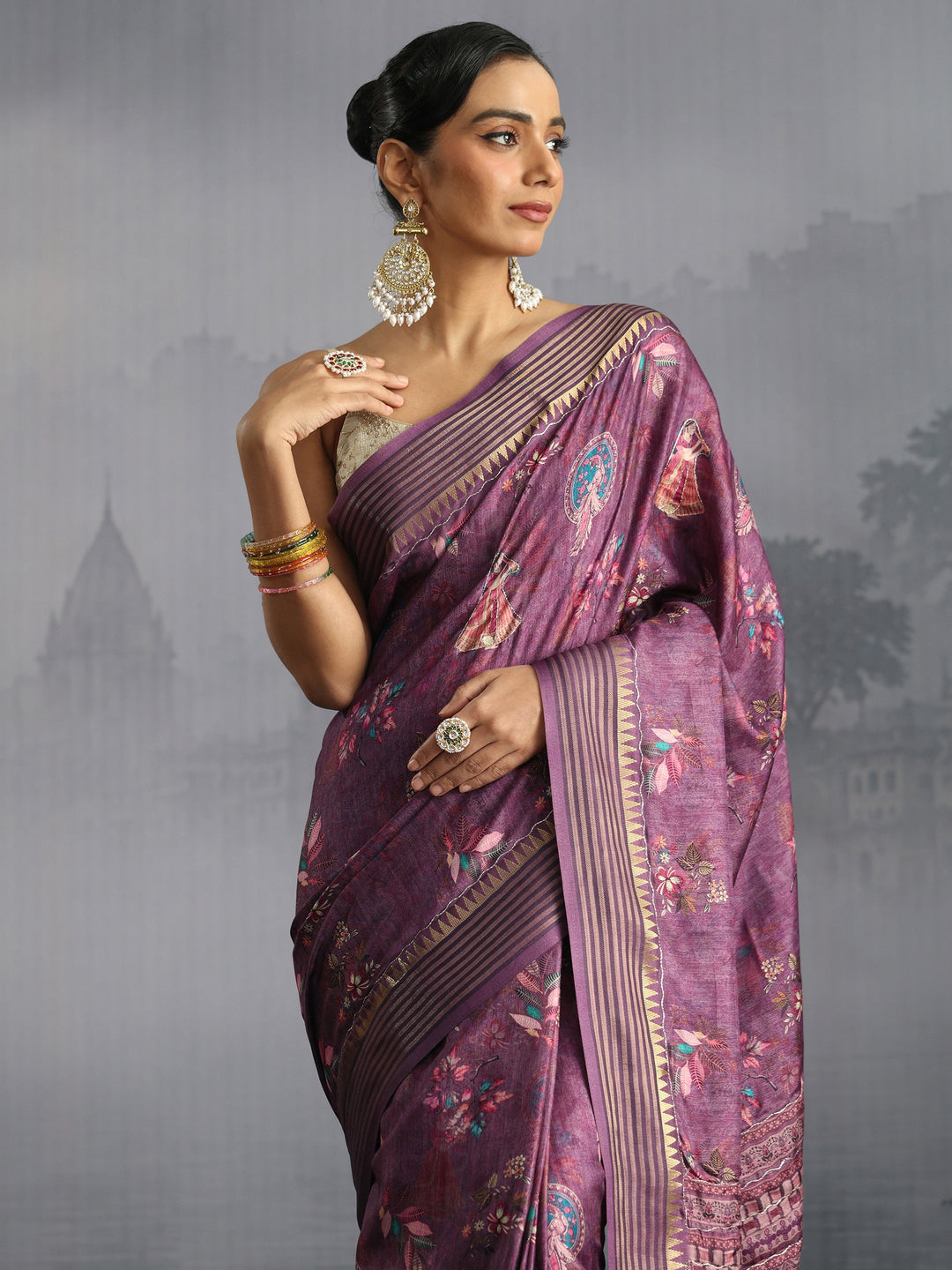  Libas Purple Embroidered Motifs Printed Silk Blend Tassel Saree 