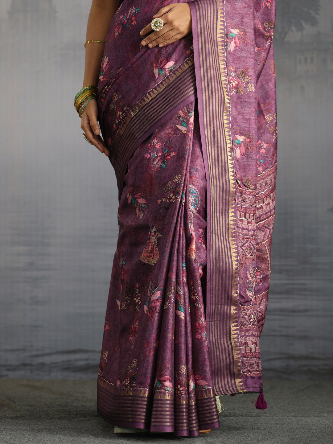  Libas Purple Embroidered Motifs Printed Silk Blend Tassel Saree 