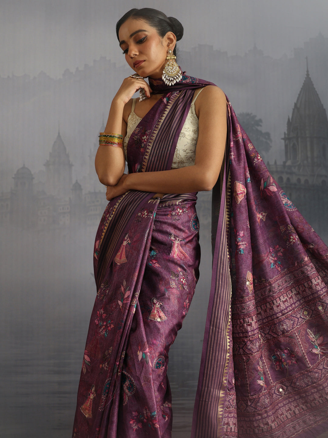  Libas Purple Embroidered Motifs Printed Silk Blend Tassel Saree 