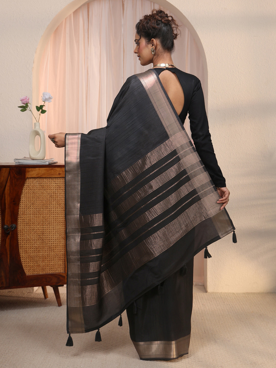  Libas Black Woven Border Silk Blend Tassel Saree 