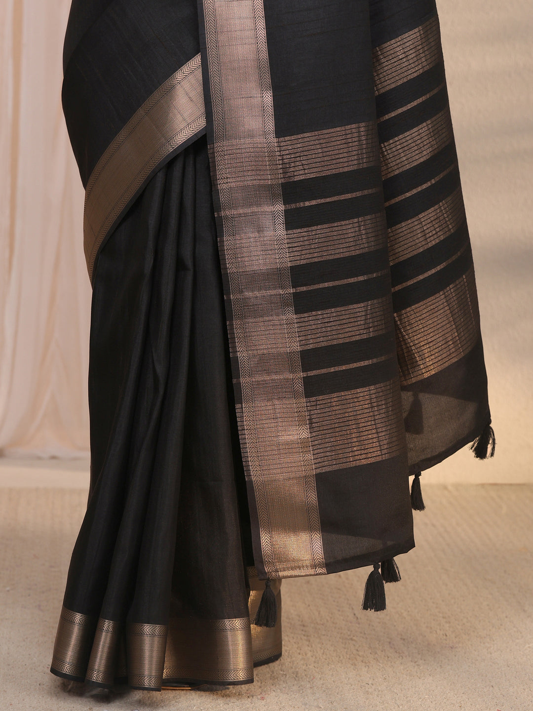  Libas Black Woven Border Silk Blend Tassel Saree 