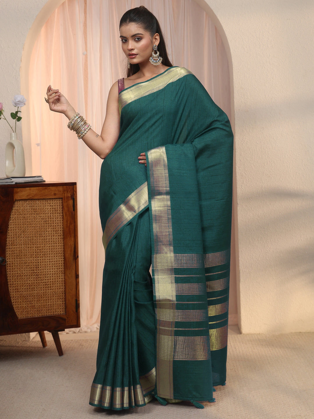  Libas Teal Green Woven Border Silk Blend Tassel Saree 