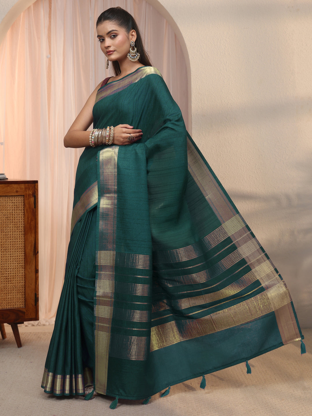  Libas Teal Green Woven Border Silk Blend Tassel Saree 