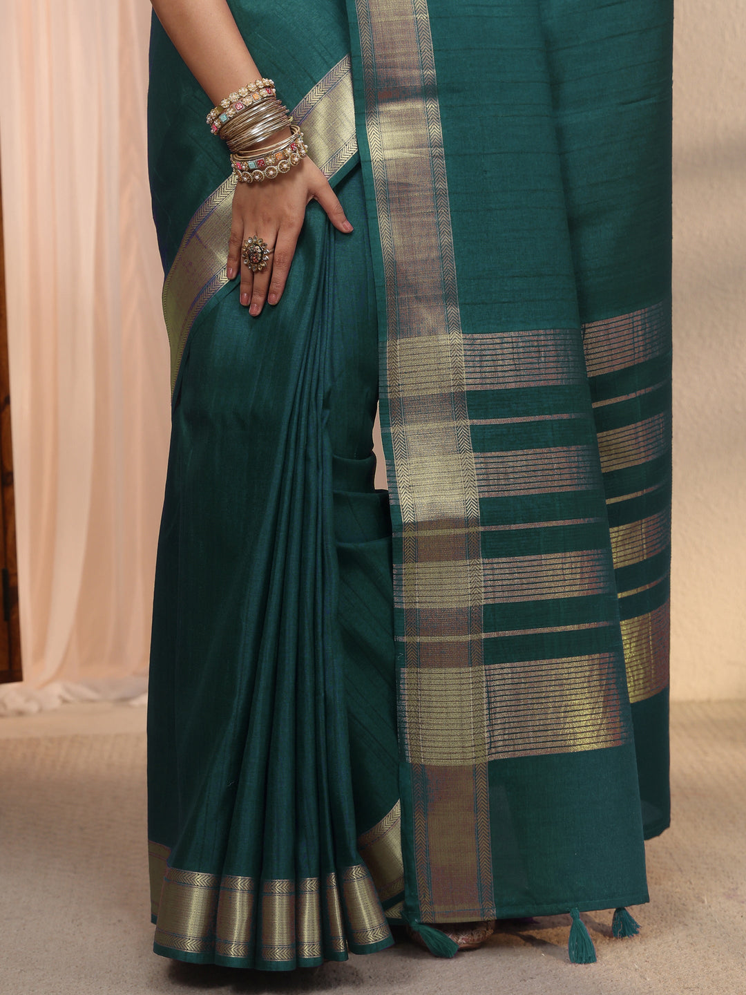  Libas Teal Green Woven Border Silk Blend Tassel Saree 