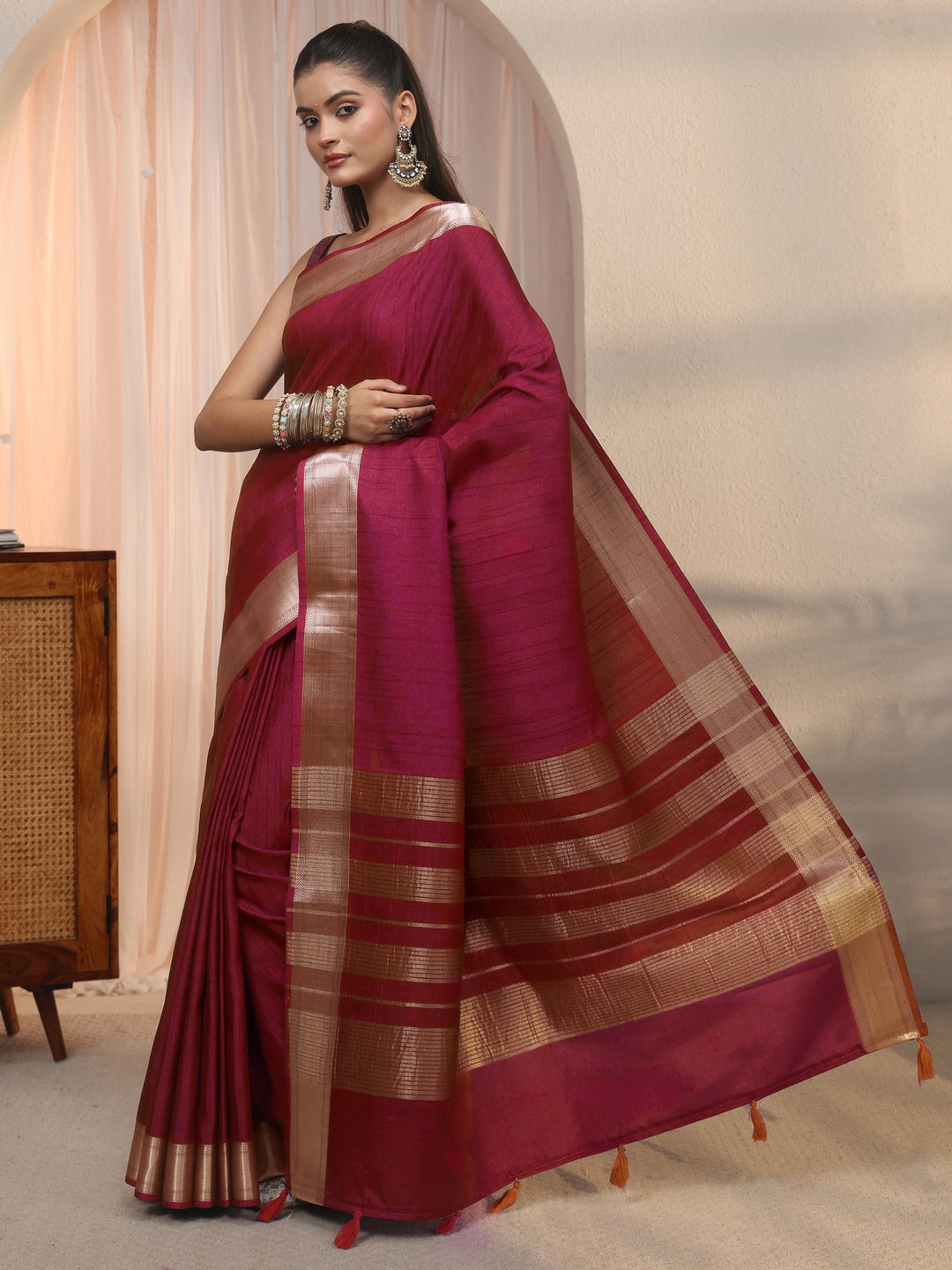  Libas Magenta Pink Woven Border Silk Blend Tassel Saree 