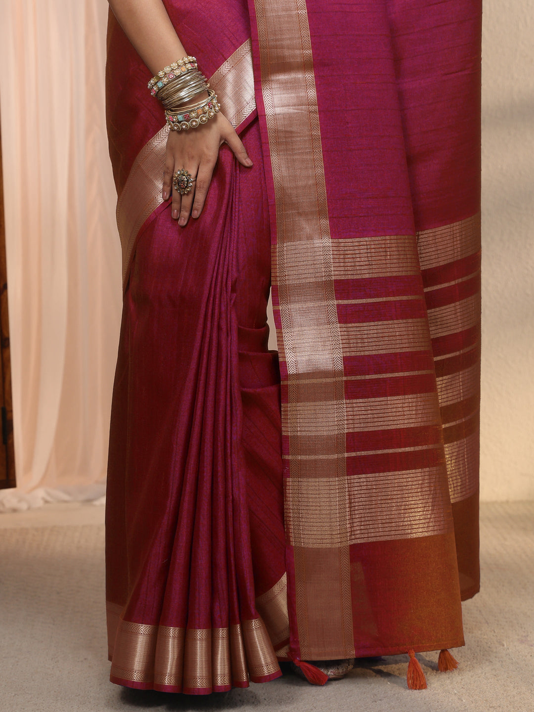  Libas Magenta Pink Woven Border Silk Blend Tassel Saree 