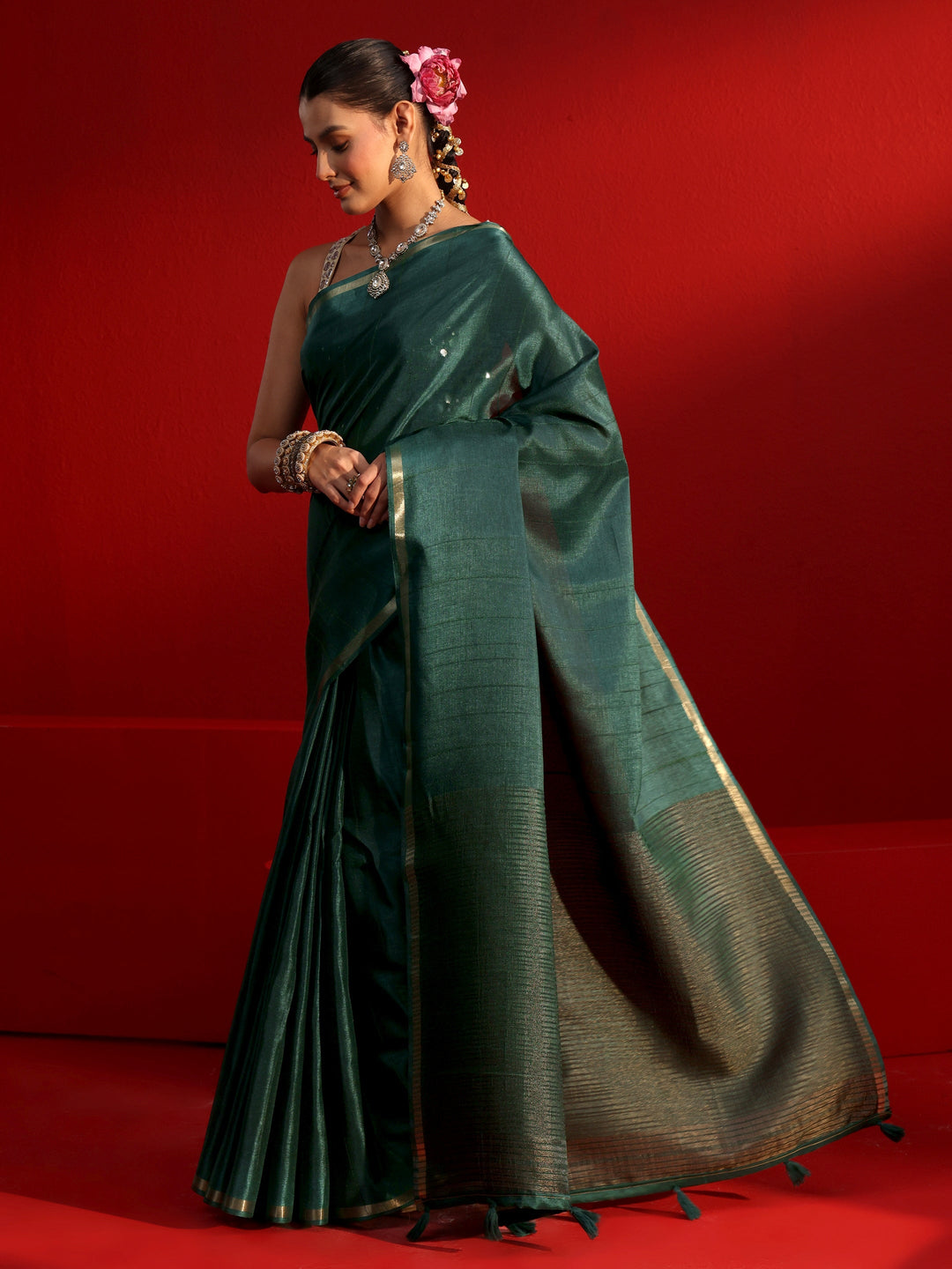  Libas Green Silk Blend Tassel Saree with Woven Design Border 