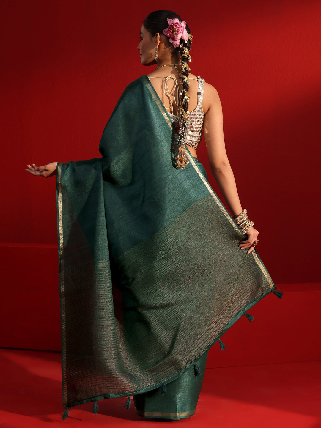  Libas Green Silk Blend Tassel Saree with Woven Design Border 