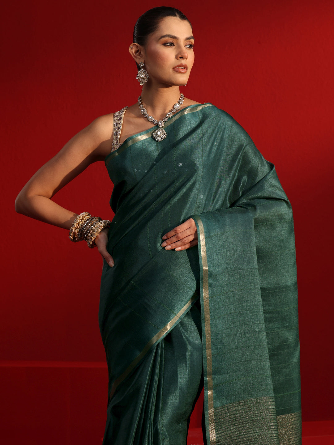  Libas Green Silk Blend Tassel Saree with Woven Design Border 