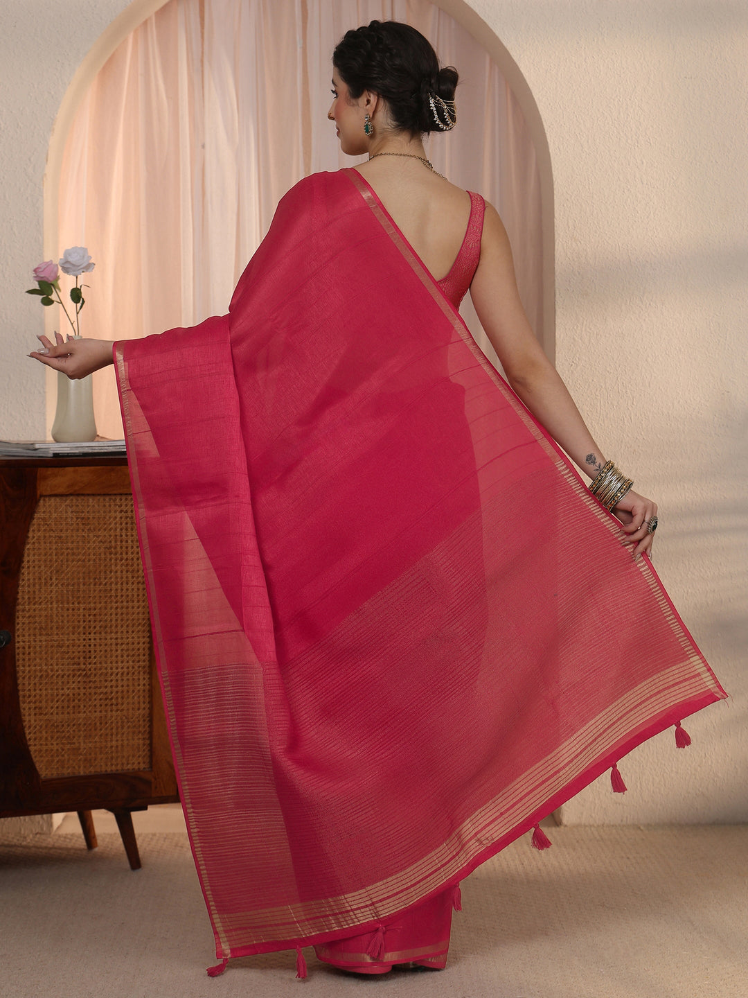  Libas Hot Pink Woven Border Silk Blend Tassel Saree 