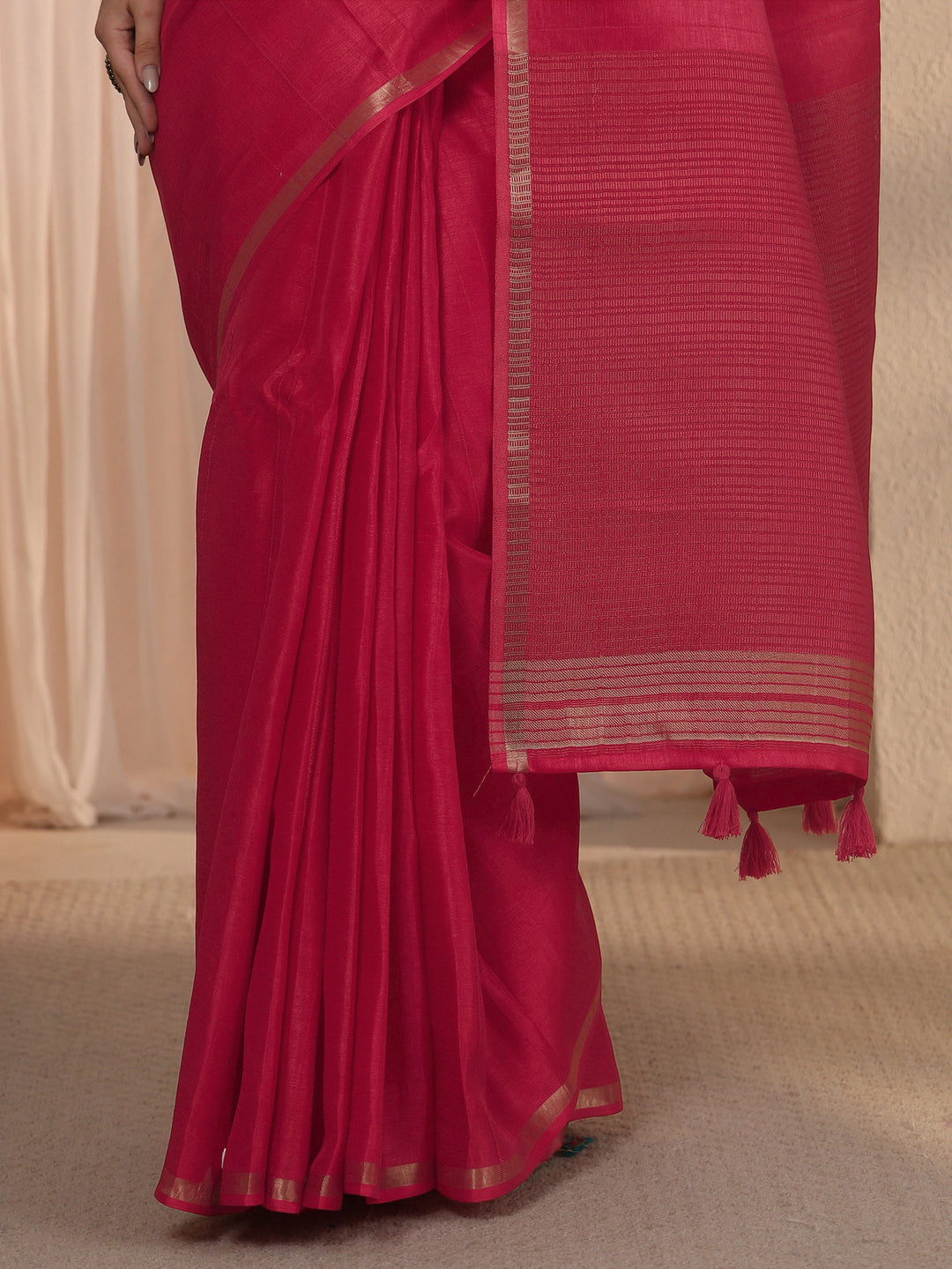 Libas Hot Pink Woven Border Silk Blend Tassel Saree 