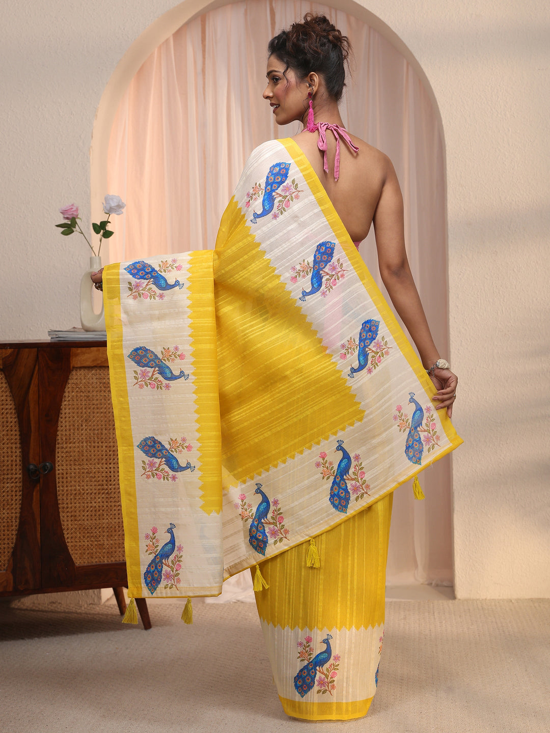  Libas Yellow Peacock Printed Border Silk Blend Saree 