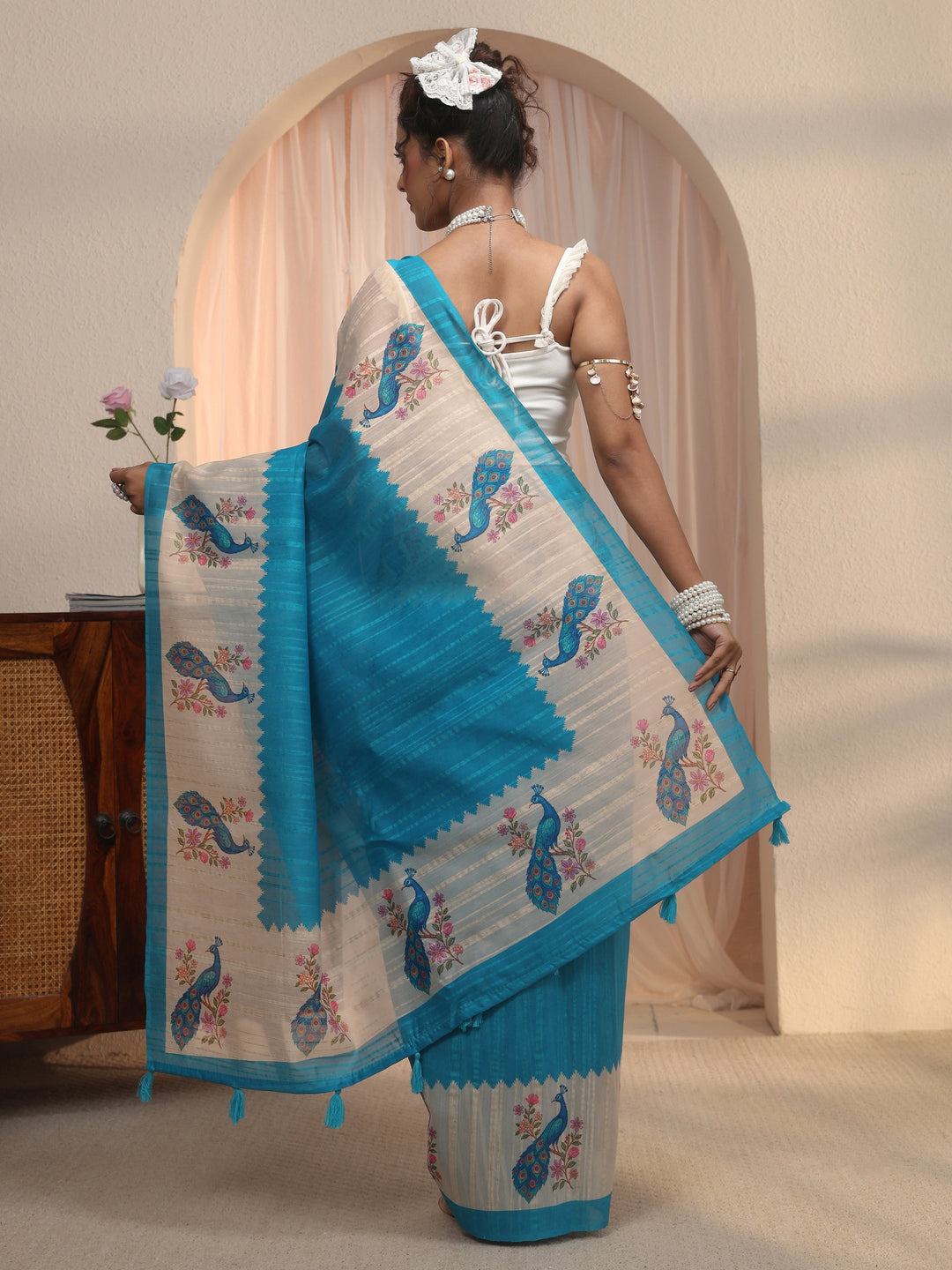  Libas Aqua Blue Peacock Printed Border Silk Blend Saree 