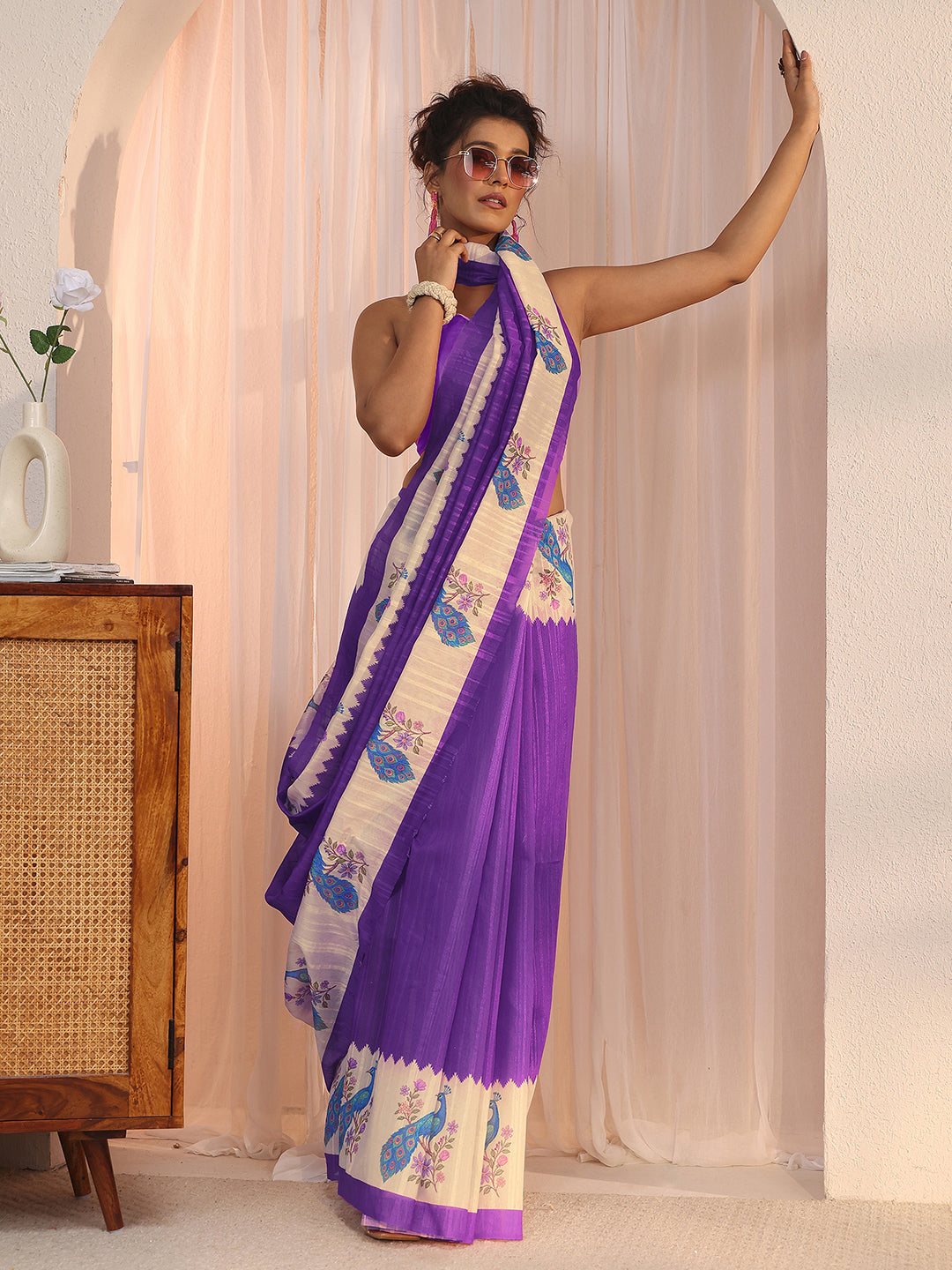  Libas Purple Peacock Woven Design Silk Blend Tassel Saree 