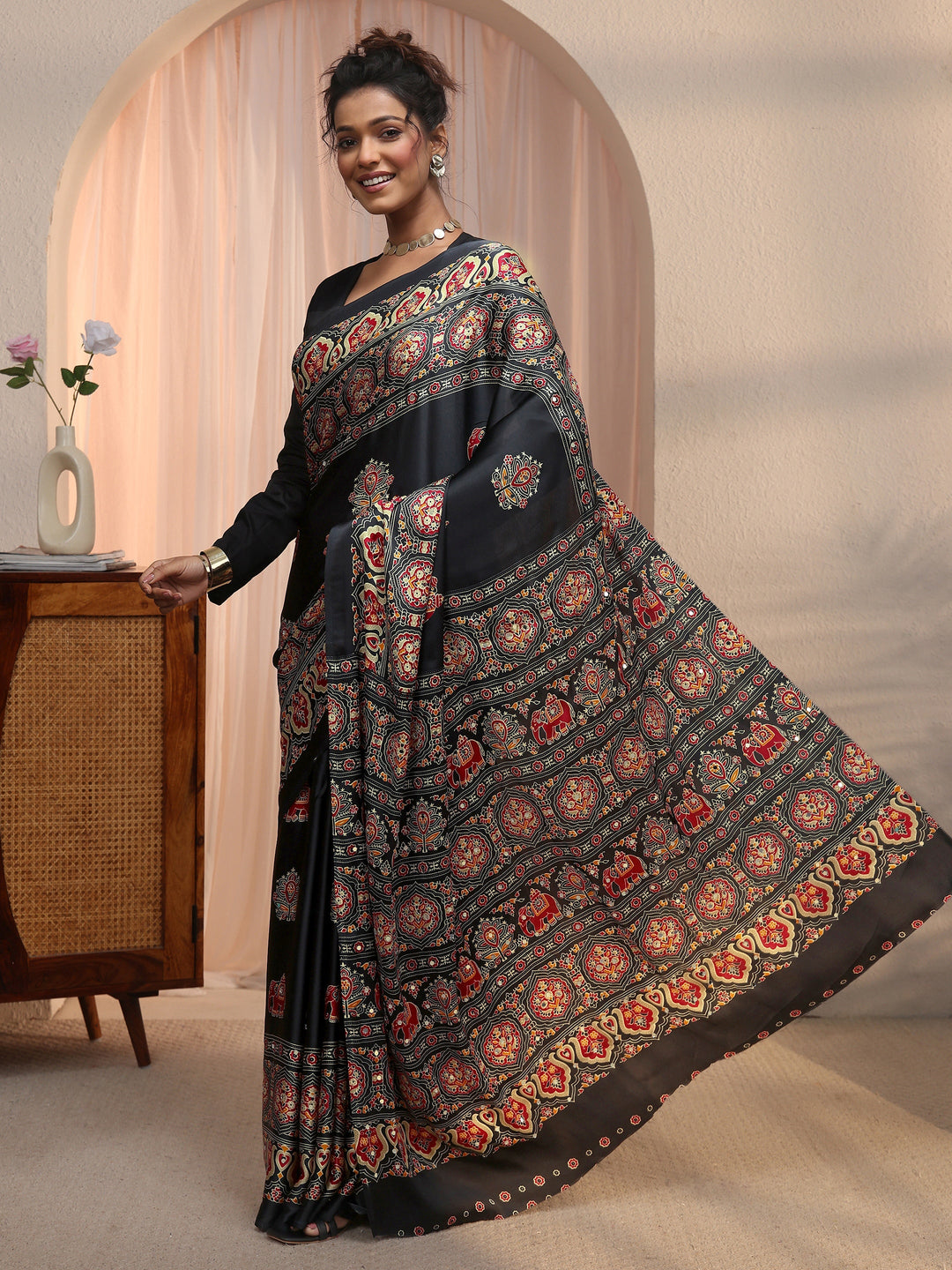  Libas Black Mirror Work Ethnic Print Satin Saree 