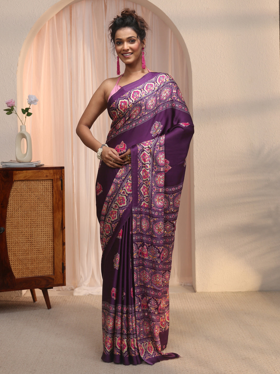  Libas Purple Mirror Work Ethnic Print Satin Saree 