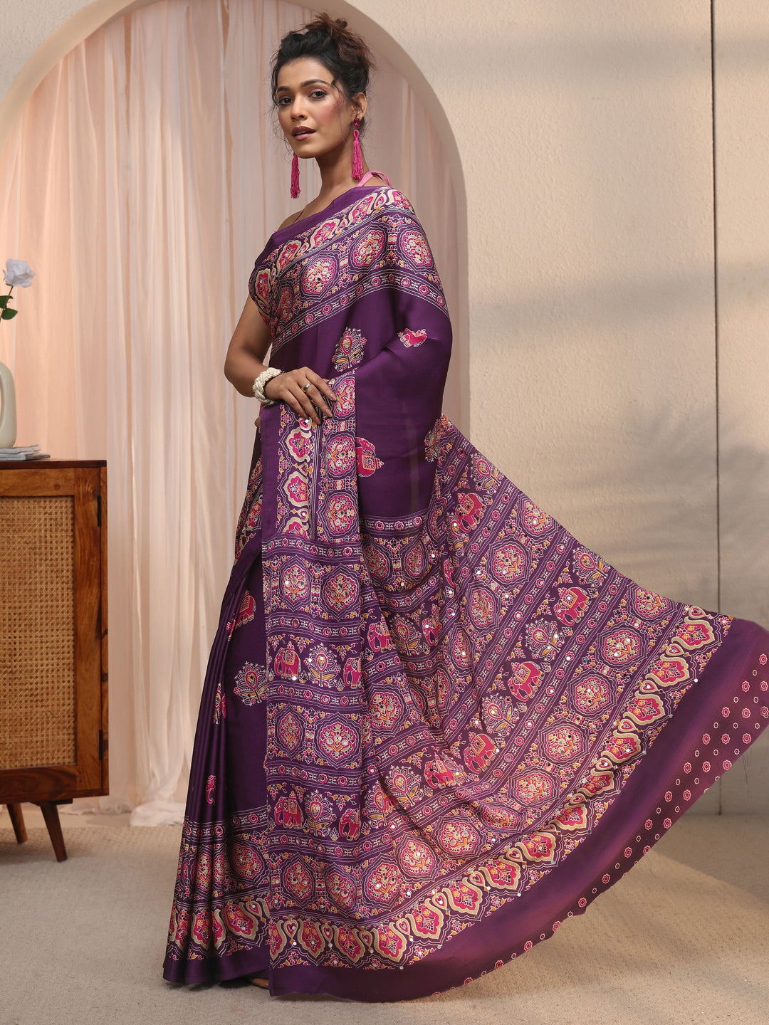  Libas Purple Mirror Work Ethnic Print Satin Saree 