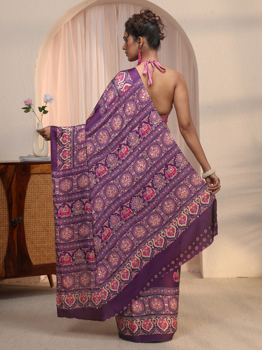  Libas Purple Mirror Work Ethnic Print Satin Saree 
