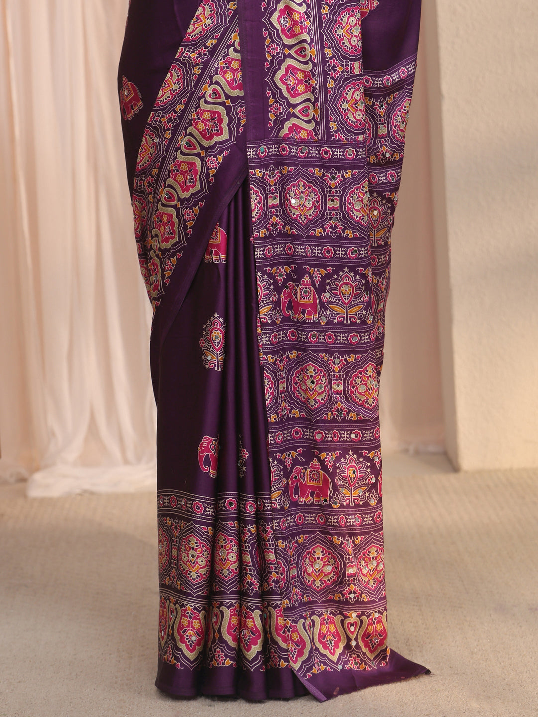  Libas Purple Mirror Work Ethnic Print Satin Saree 