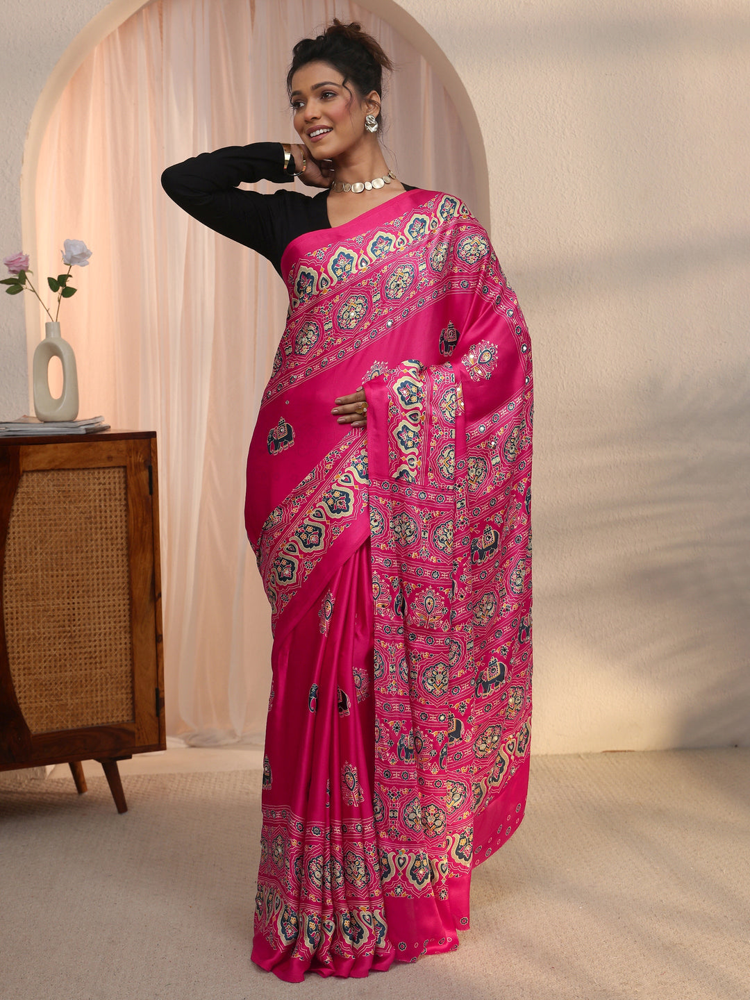  Libas Pink Mirror Work Ethnic Print Satin Saree 