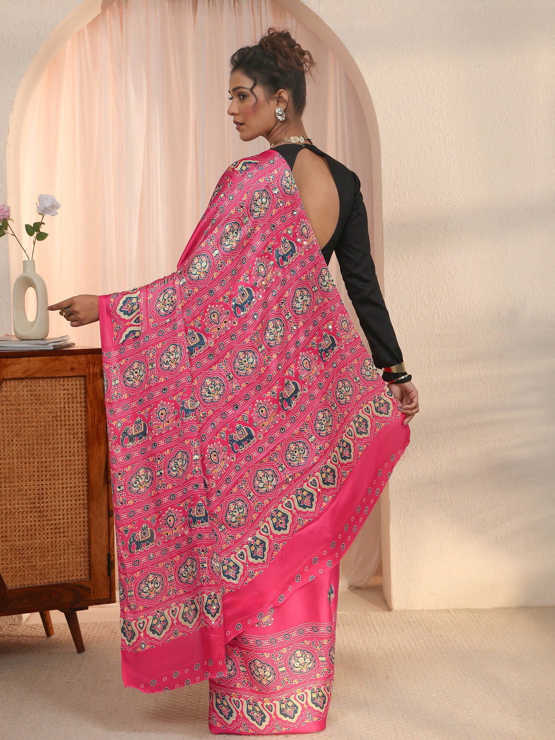  Libas Pink Mirror Work Ethnic Print Satin Saree 