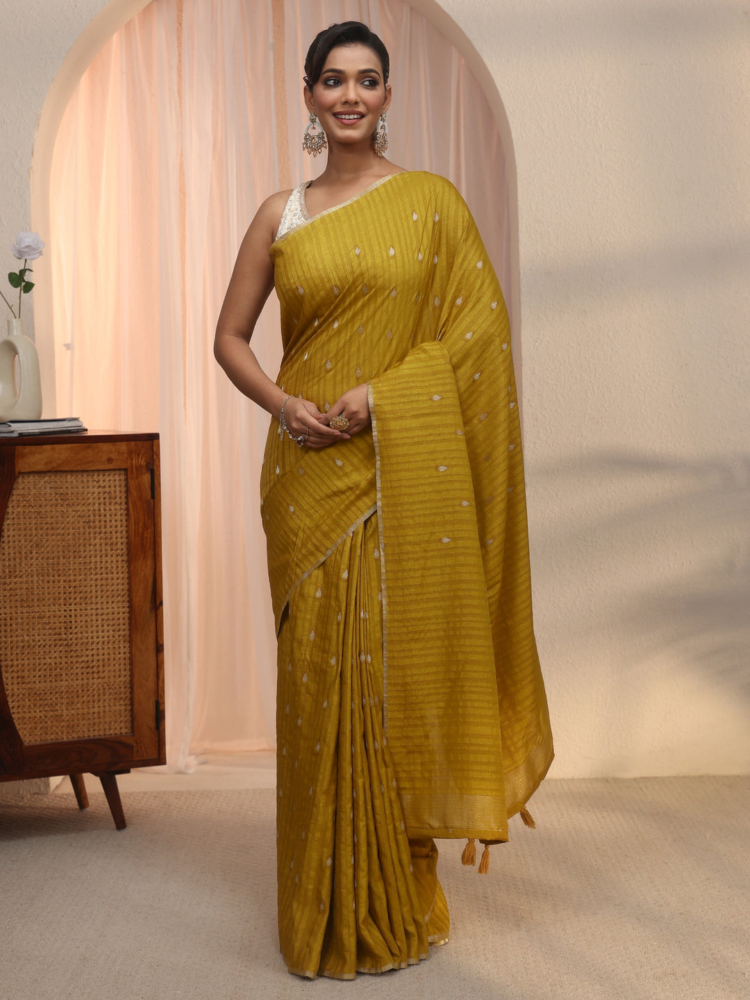  Libas Mustard Leaf Woven Design Textured Silk Blend Tassel Saree 