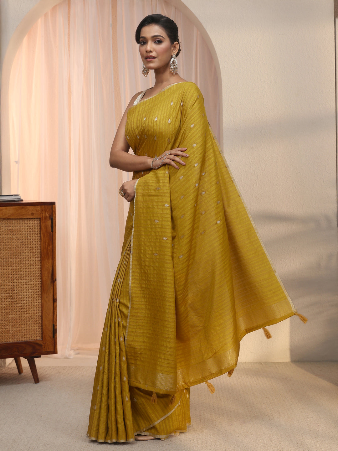  Libas Mustard Leaf Woven Design Textured Silk Blend Tassel Saree 