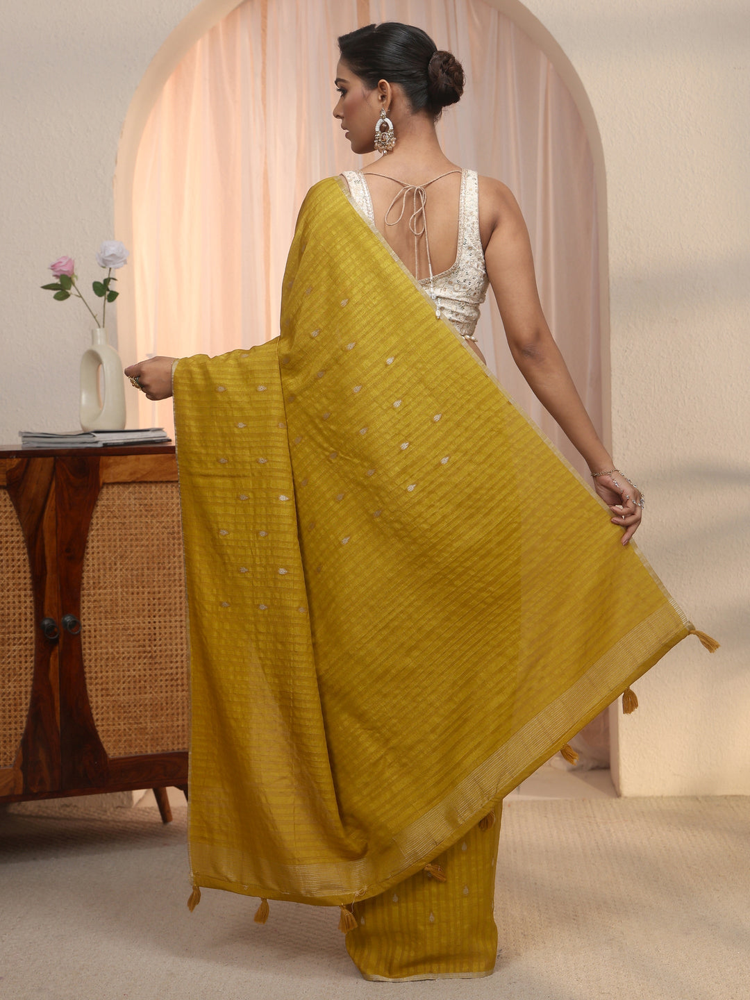  Libas Mustard Leaf Woven Design Textured Silk Blend Tassel Saree 