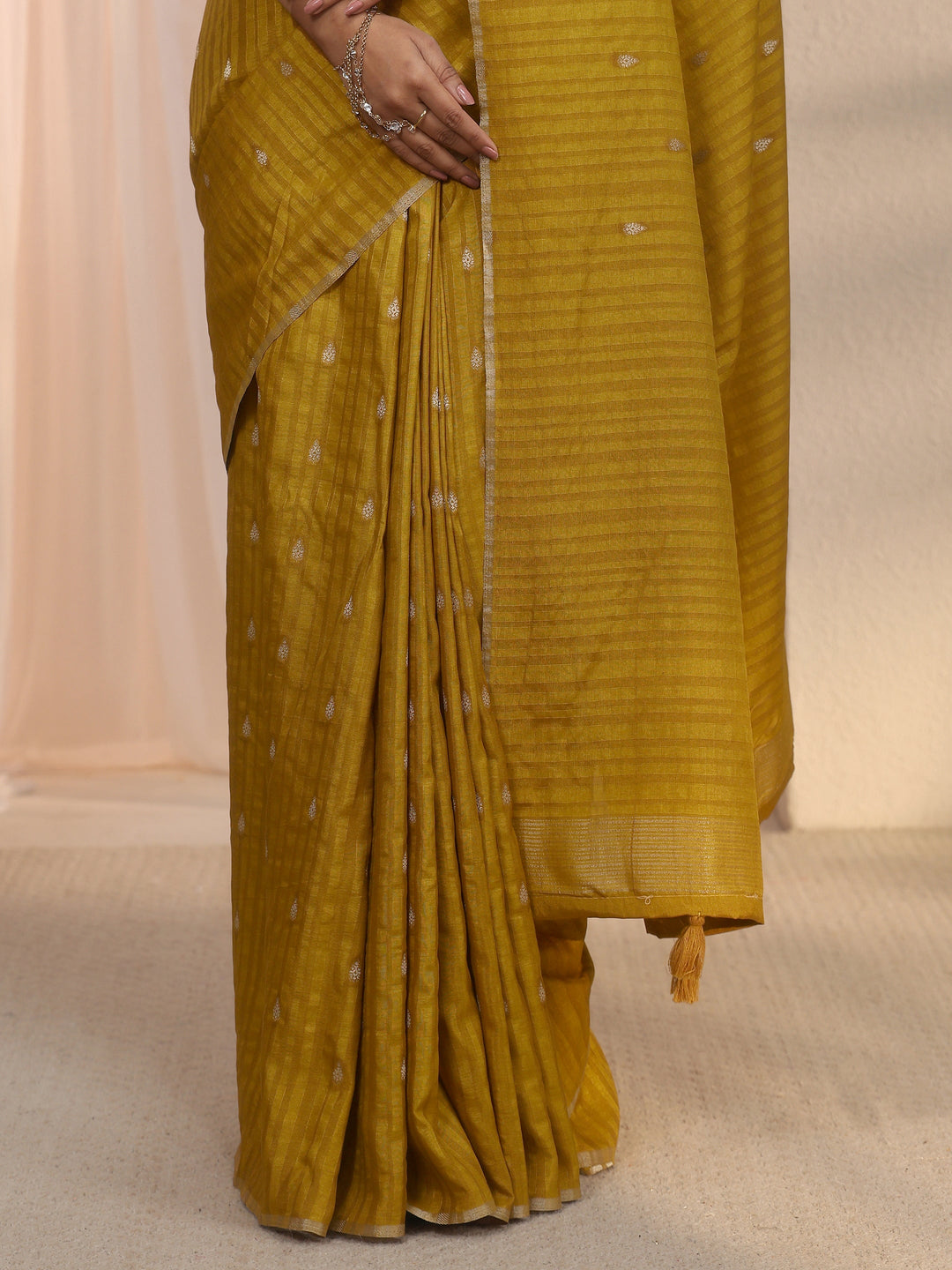  Libas Mustard Leaf Woven Design Textured Silk Blend Tassel Saree 