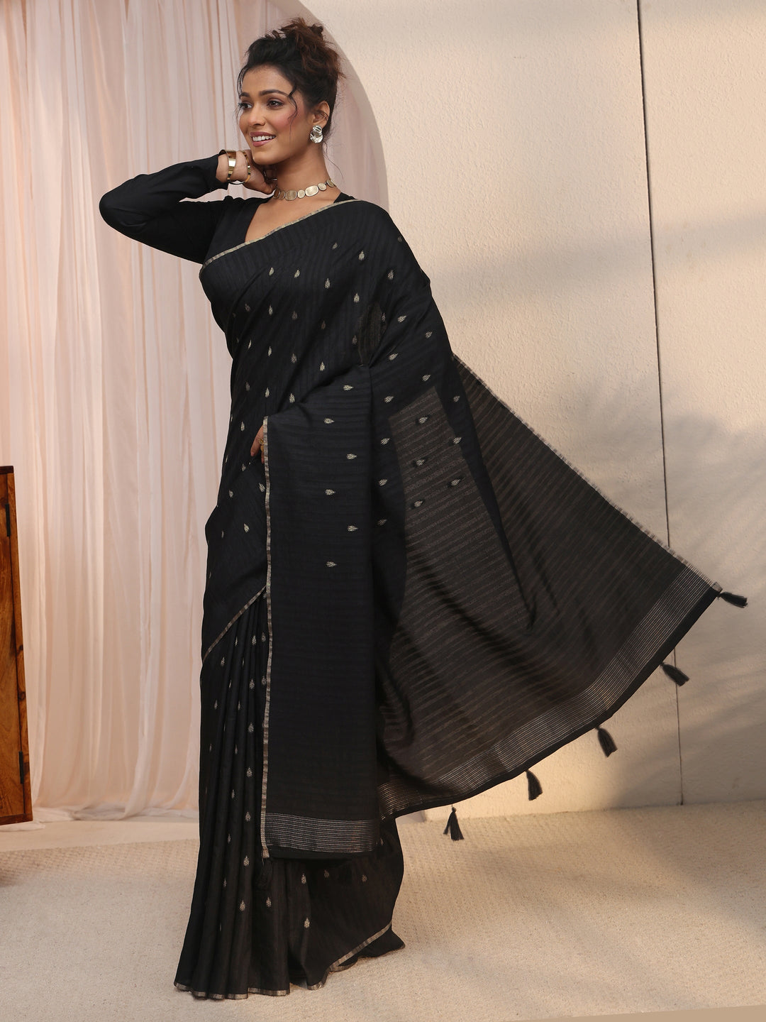  Libas Black Leaf Woven Design Textured Silk Blend Tassel Saree 