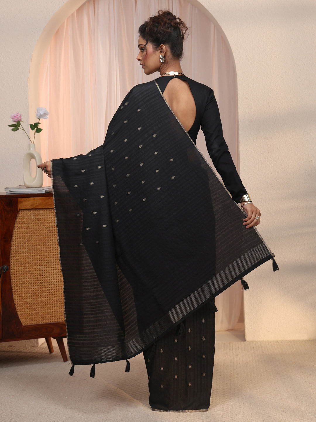  Libas Black Leaf Woven Design Textured Silk Blend Tassel Saree 