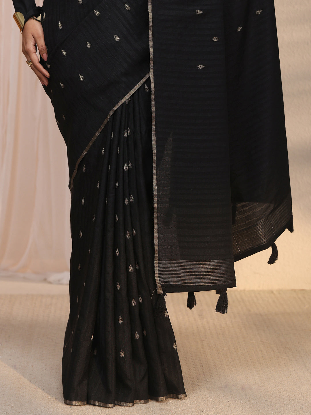  Libas Black Leaf Woven Design Textured Silk Blend Tassel Saree 