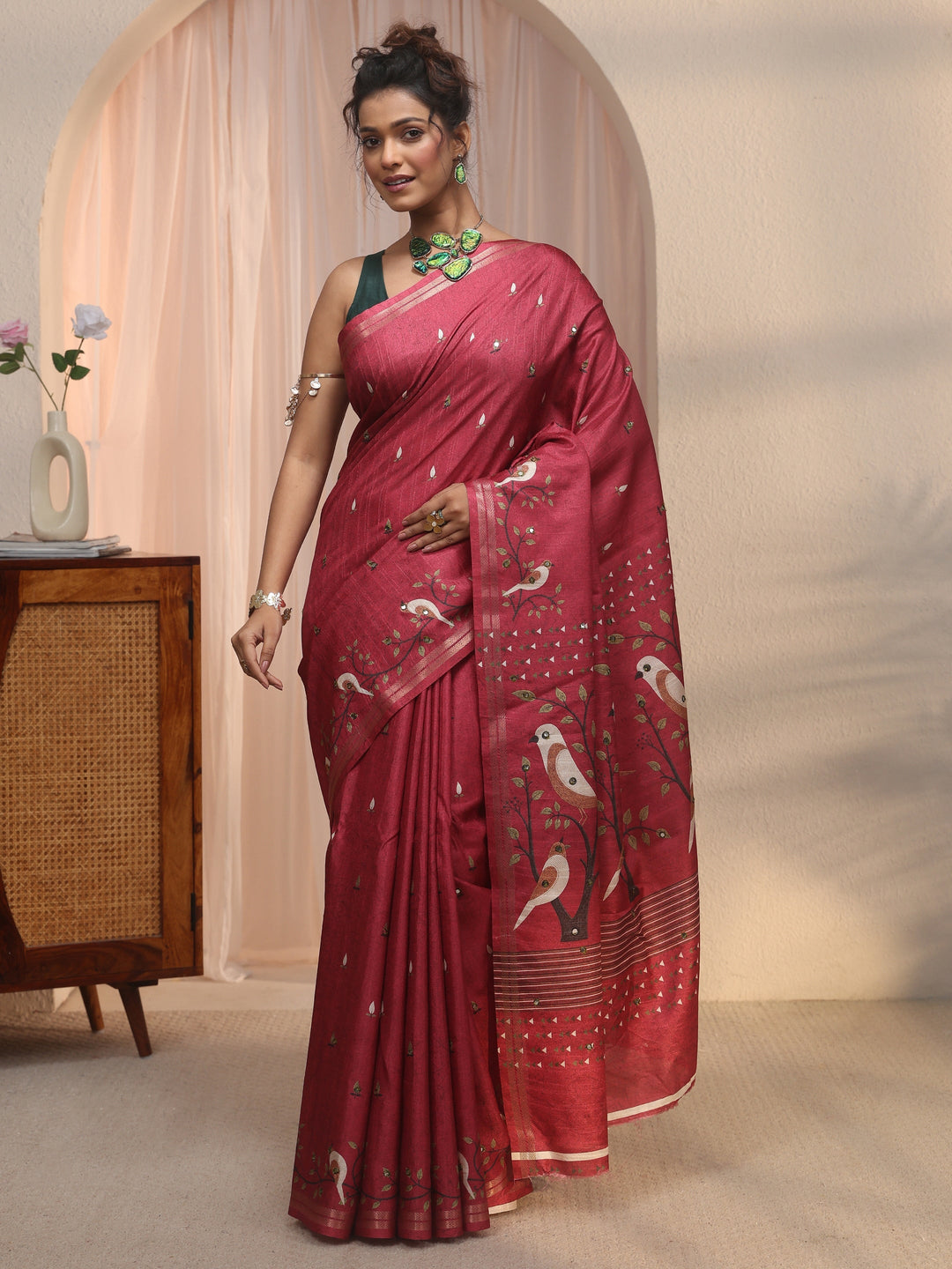  Libas Dark Pink Bird Woven Design Pallu Silk Blend Saree 