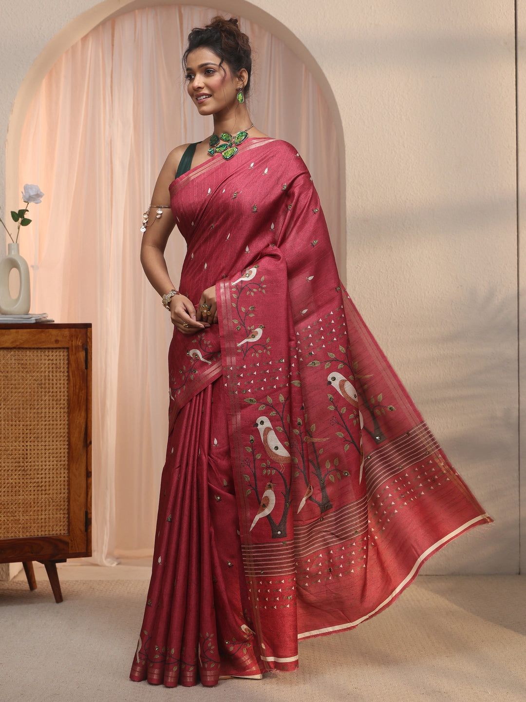  Libas Dark Pink Bird Woven Design Pallu Silk Blend Saree 