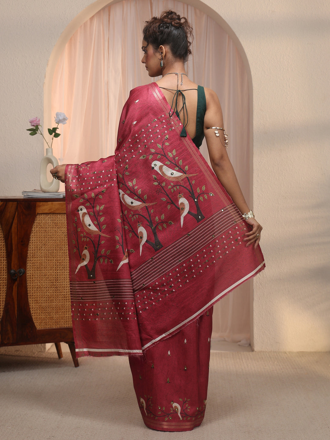  Libas Dark Pink Bird Woven Design Pallu Silk Blend Saree 