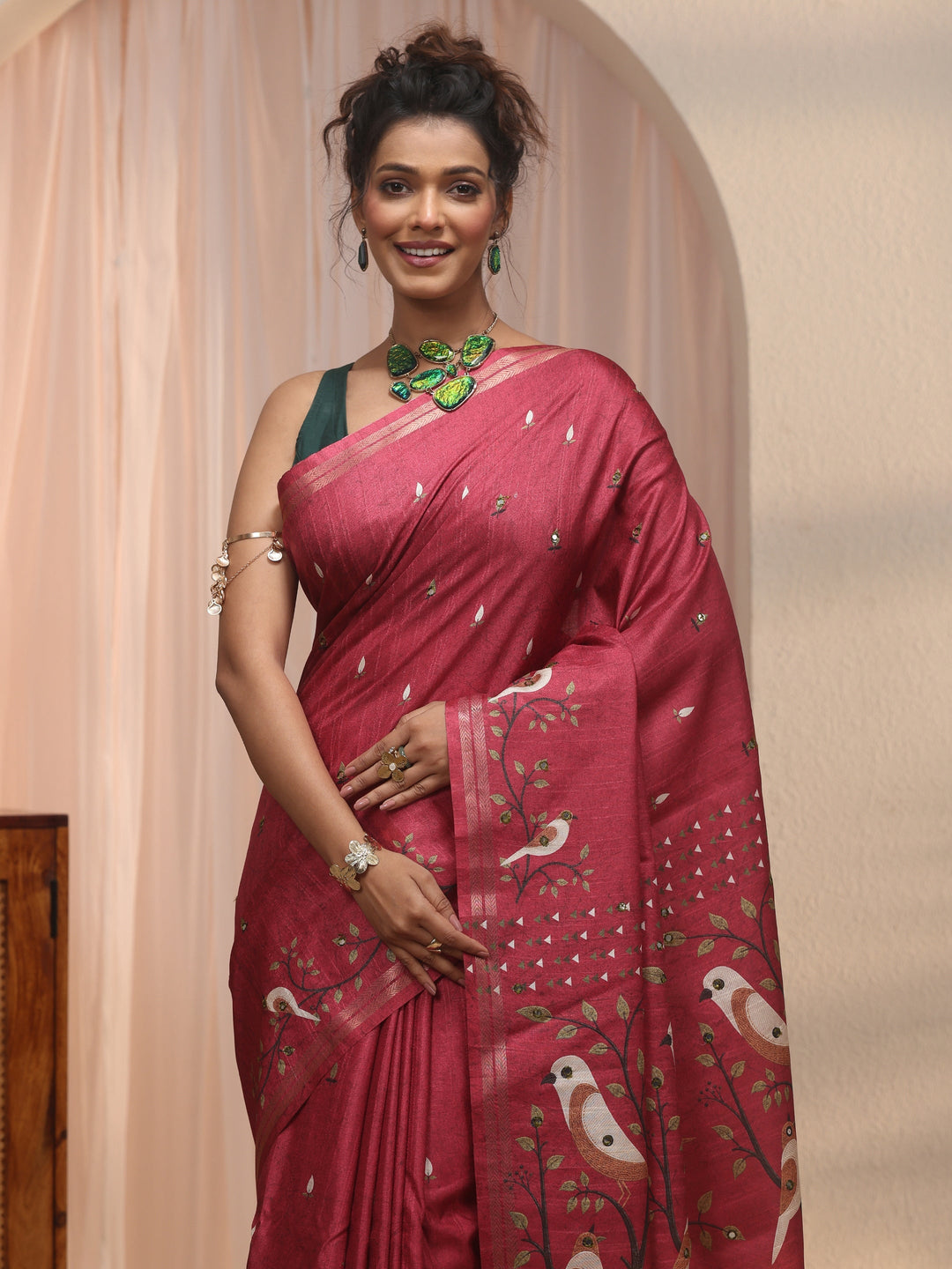  Libas Dark Pink Bird Woven Design Pallu Silk Blend Saree 