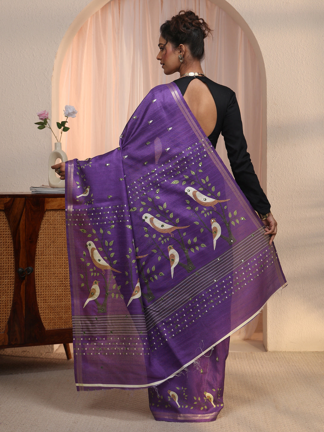  Libas Purple Bird Woven Design Pallu Silk Blend Saree 