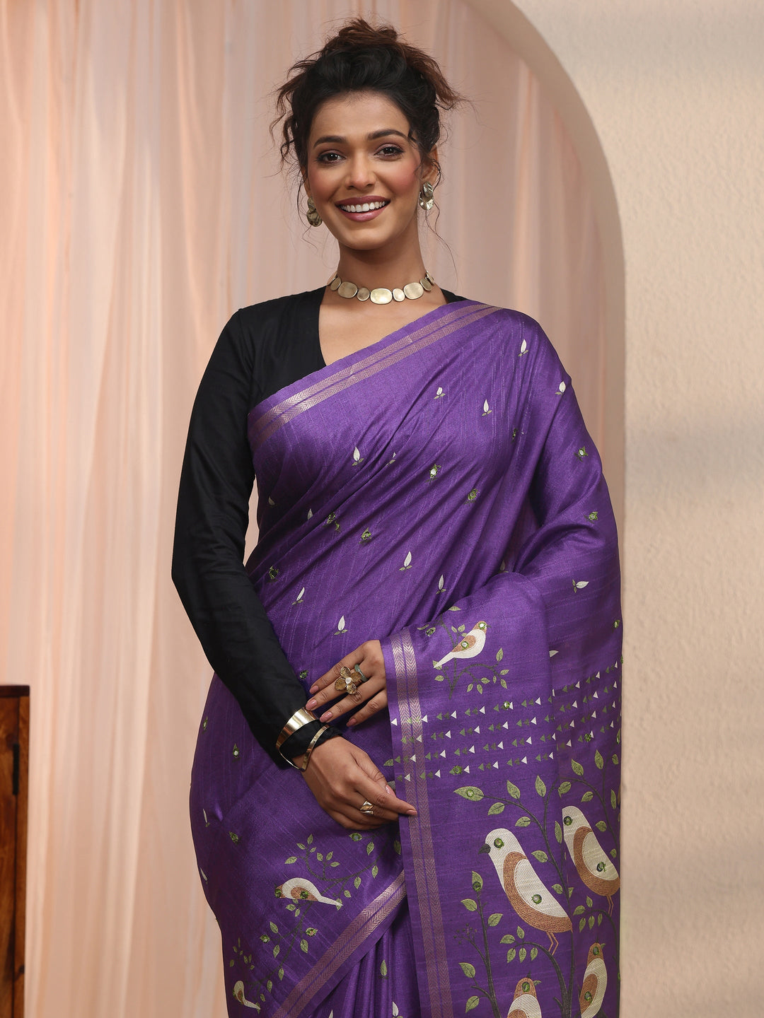  Libas Purple Bird Woven Design Pallu Silk Blend Saree 