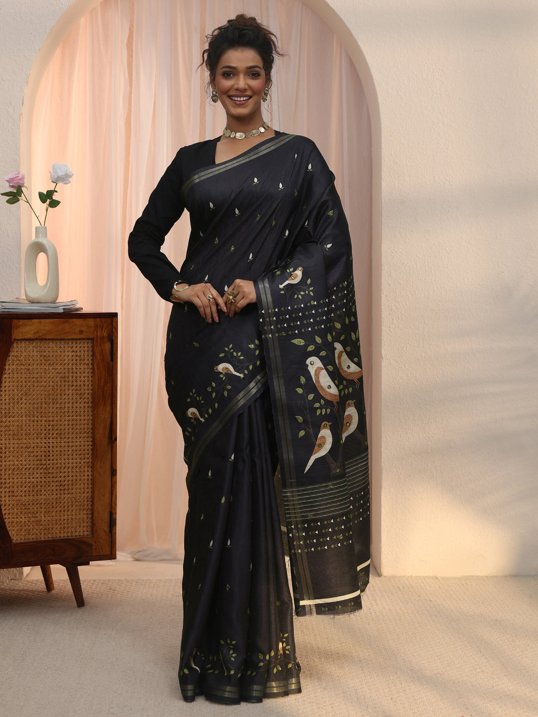  Libas Black Bird Woven Design Pallu Silk Blend Saree 