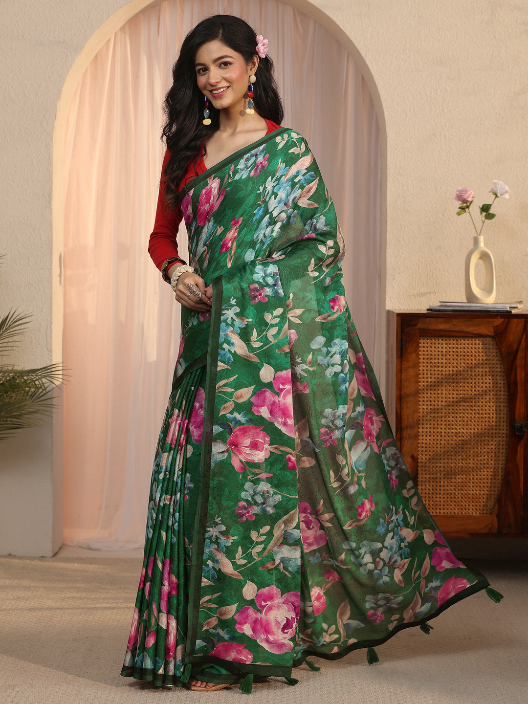  Libas Green Floral Printed Chiffon Tassel Saree 